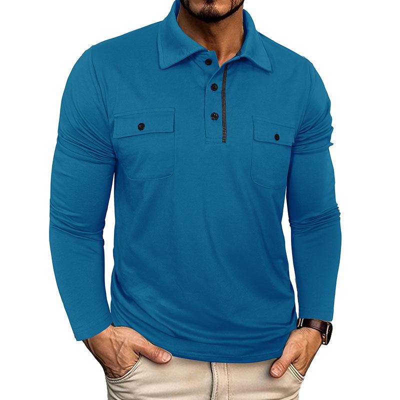 Men's Long Sleeve Polo Shirt with Button-Down Collar and Chest Pockets, Multiple Colors