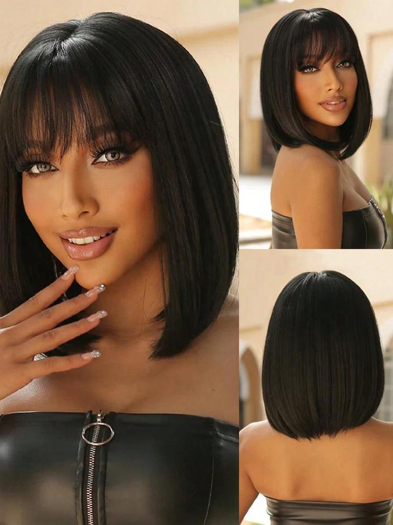 Synthetic Short Straight Bob Heat Resistant Wigs With Bangs Black Wigs For Women Daily Role Play Party Wigs