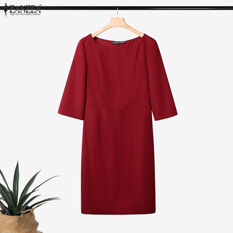 ZANZEA Women Casual Round Neck Summer 3/4 Sleeve Sheath Dress