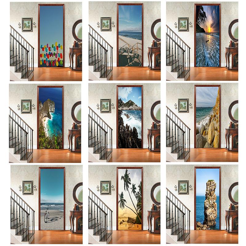 Landscape Door Stickers 3D Removable Vinilos Para Puertas Adhesive Wallpaper Art Murals for Doors Bibliotheque Modern Home Decor