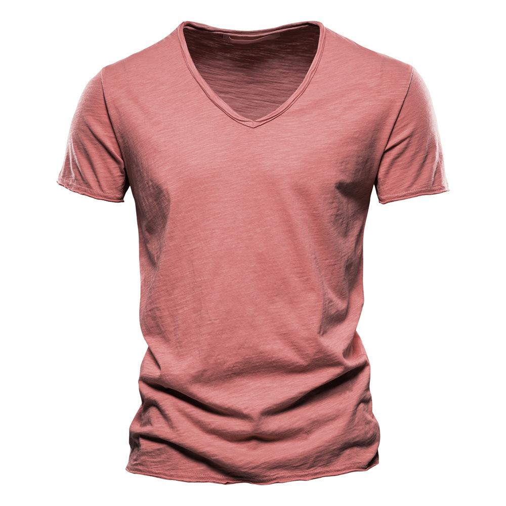 Men's New Solid Color V-neck Short Sleeved T-shirt Made of Pure Cotton
