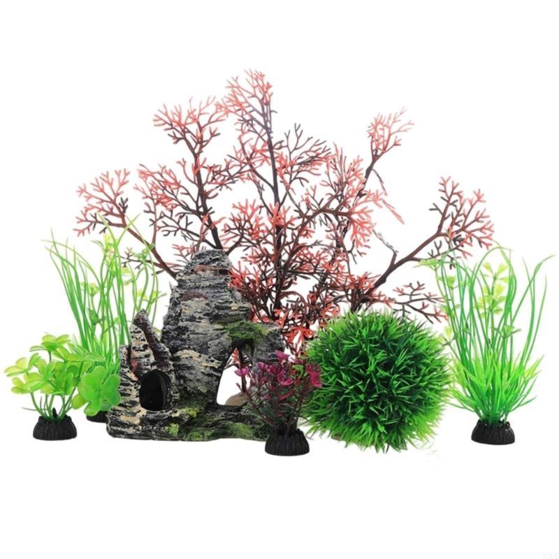 Fishtanks Scene Decoration with 7Pieces Artificial Fishtanks Plastic Plant and Cave Rock Aquariums Landscaping Coral Grass X3UC