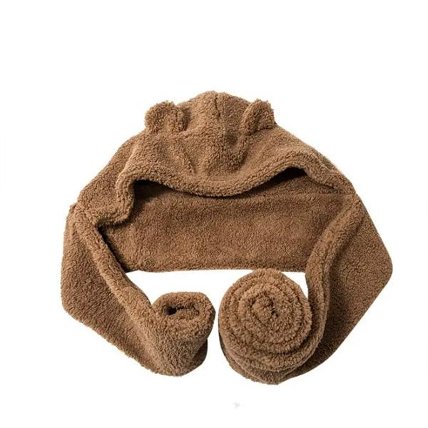 Fashion Winter Women Novelty Beanies Caps Warm Bear Ear Hat Casual Plush Hat Scarf Set Casual Solid Women Caps Present