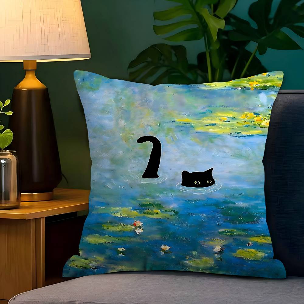 Claude Monet Interesting Cute Black Cat Cushion Cover Car Throw Pillow Case For Sofa Car Christmas Gift xcm xcm