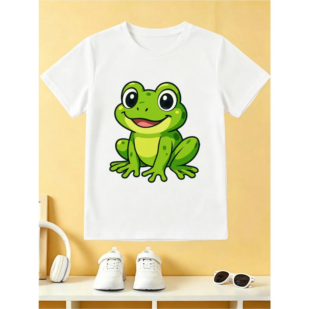 Round-neck Short-sleeved T-shirt for Boys with Cute Cartoon Frog Print, Breathable and Comfortable