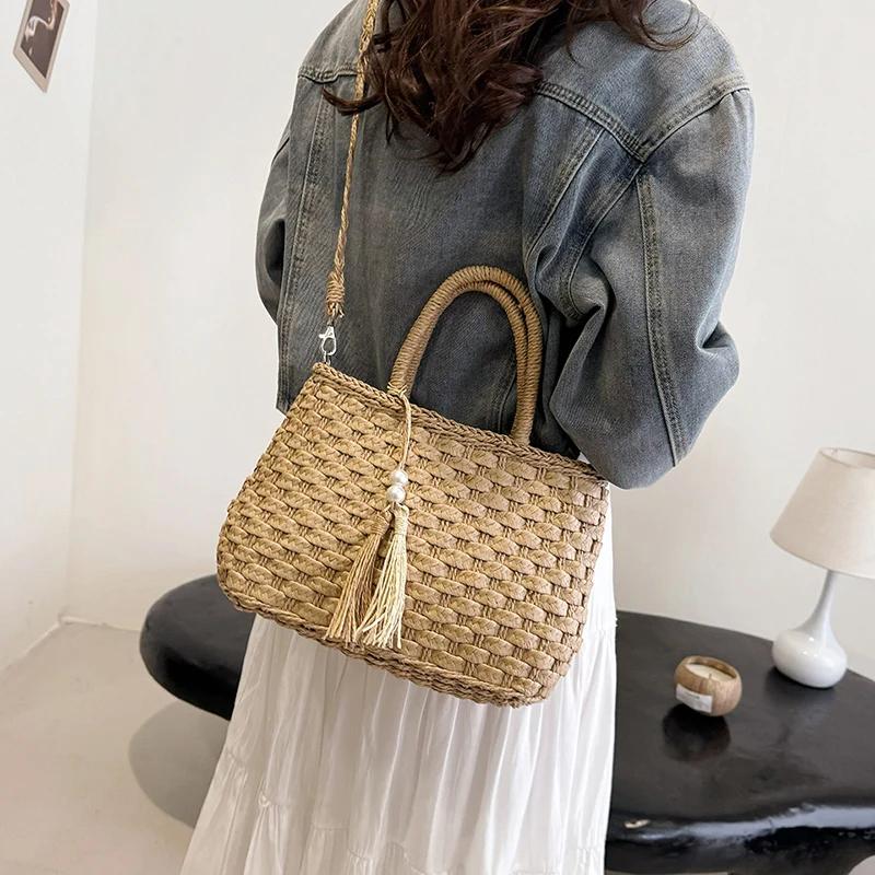 Женская модная соломенная сумка через плечо с кисточками, брендовая дизайнерская плетеная сумка из ротанга, летняя дорожная пляжная сумка, женская сумка