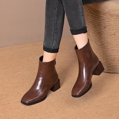 2025 новые короткие ботильоны на толстом каблуке весна и осень мягкая кожа британский квадратный носок осень и зима бархатные на высоком каблуке женские кожаные туфли