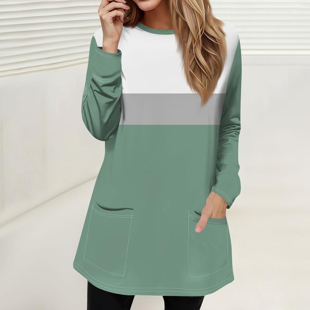 Женская мода повседневный свитер футболка с круглым вырезом карман полосатый пэчворк принтованный топ с длинным рукавом