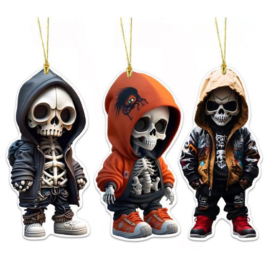 Halloween Car Ornament Cool Skeleton Acrylic Car Rearview Mirror Charm 2D Flat Skull Hanging Pendant for Car Interior Backpack Accessory
