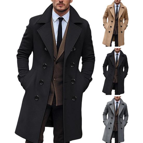 Мужское длинное шерстяное пальто с лацканами, длинный рукав, однотонная ветровка с карманами, двубортное, однотонное, средней длины