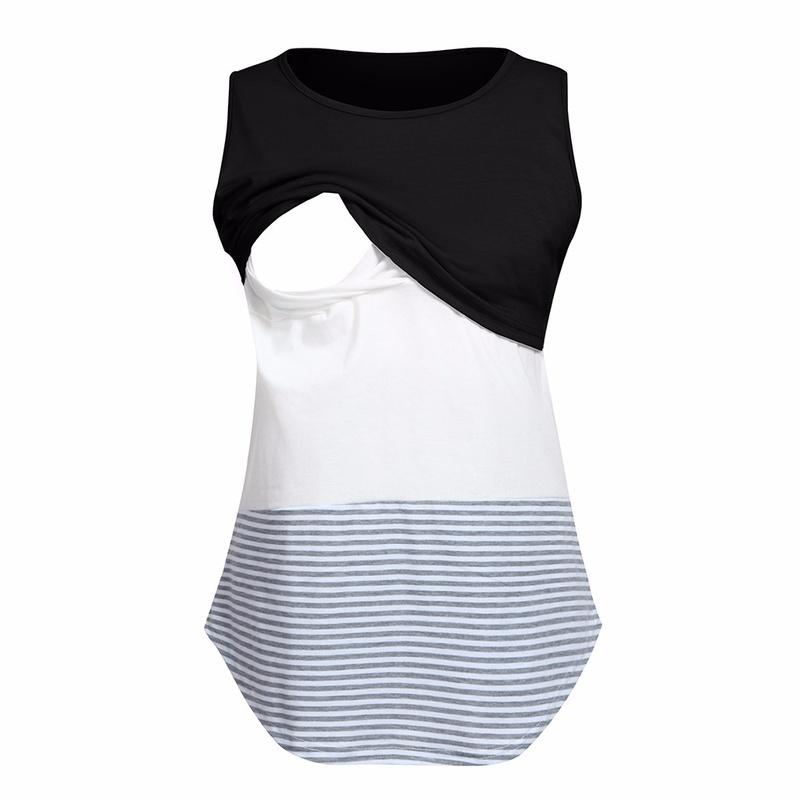 Women Convenient Lactation Pregnant Nursing Round Neck Sleeveless Stripe Gravida Clothing Maternity Shirt
