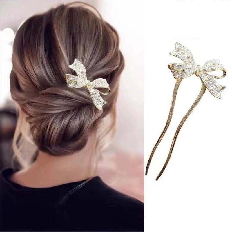 1PC New Butterfly Bow Golden Zircon U-shaped Hairpin for Women, Back of the Head, Dish Hairpin, Daily Modern Hair Accessories
