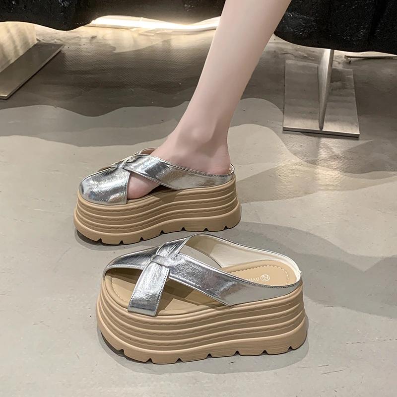 Модные 8 см Универсальные Ретро Женские Туфли 2025 Лето Сабо на Каблуке Увеличение Роста Женские Сандалии Леопардовый Толстый Новый Модный Скандал