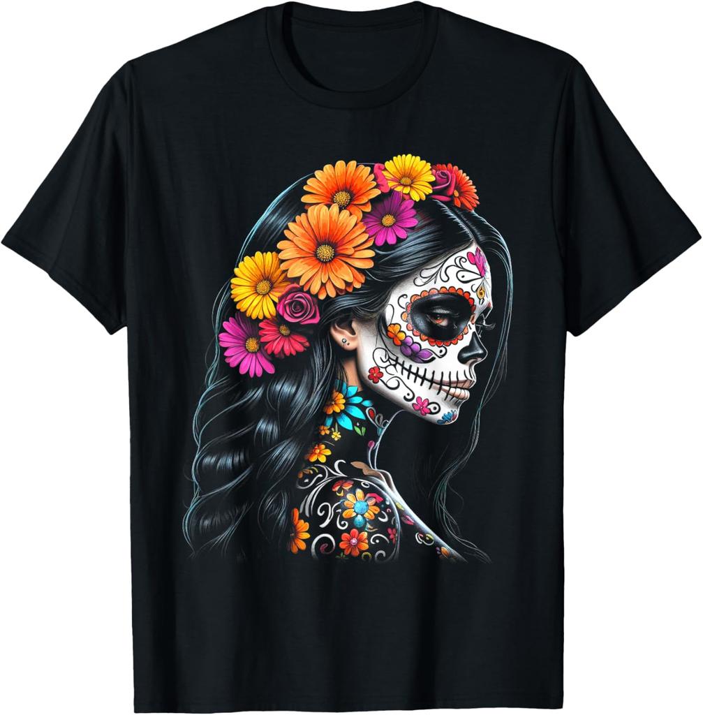 Sugar Skull La Catrina Day of The Dead Floral Graphic TShirt Women Streetwear Tee Women Clothing Fashion Summer Streetwear Y2K