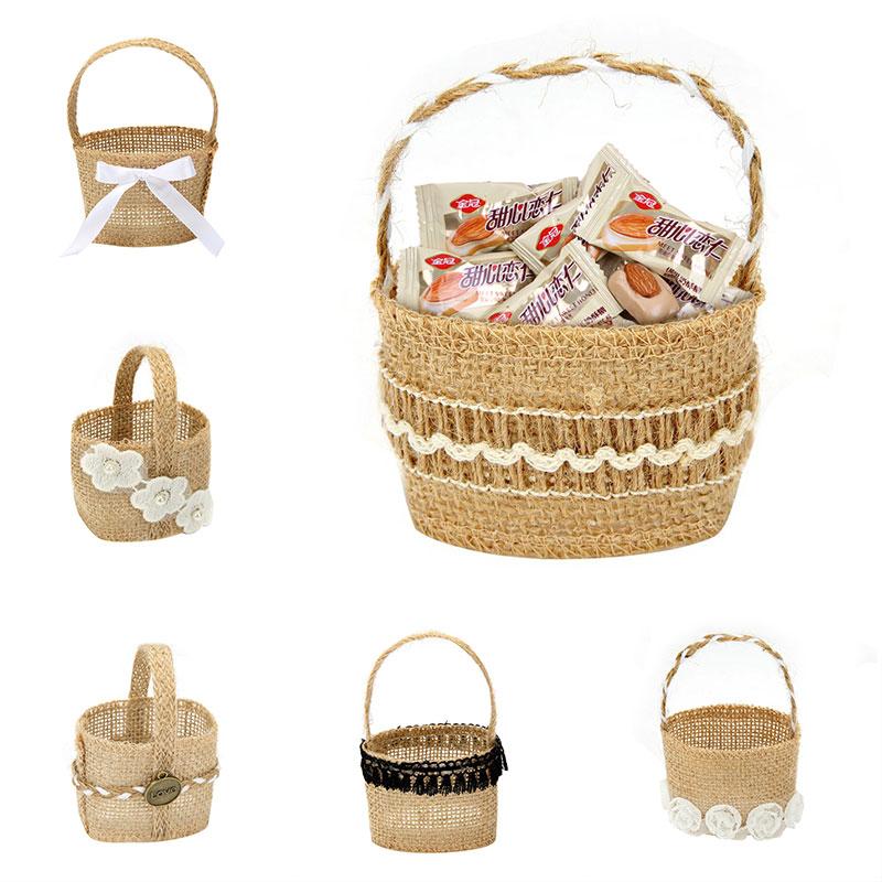 1PC Gift Bag Party Burlap Storage Basket Linen Handle Baby Shower Lace Wedding Ceremony Flower Basket Table Decoration