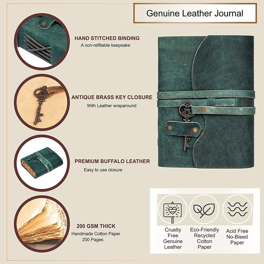 Винтажный кожаный дневник ручной работы - Старинные страницы ручной работы - Старинная застежка на ключ - Цвет кобальта. Размер 6x4 дюйма