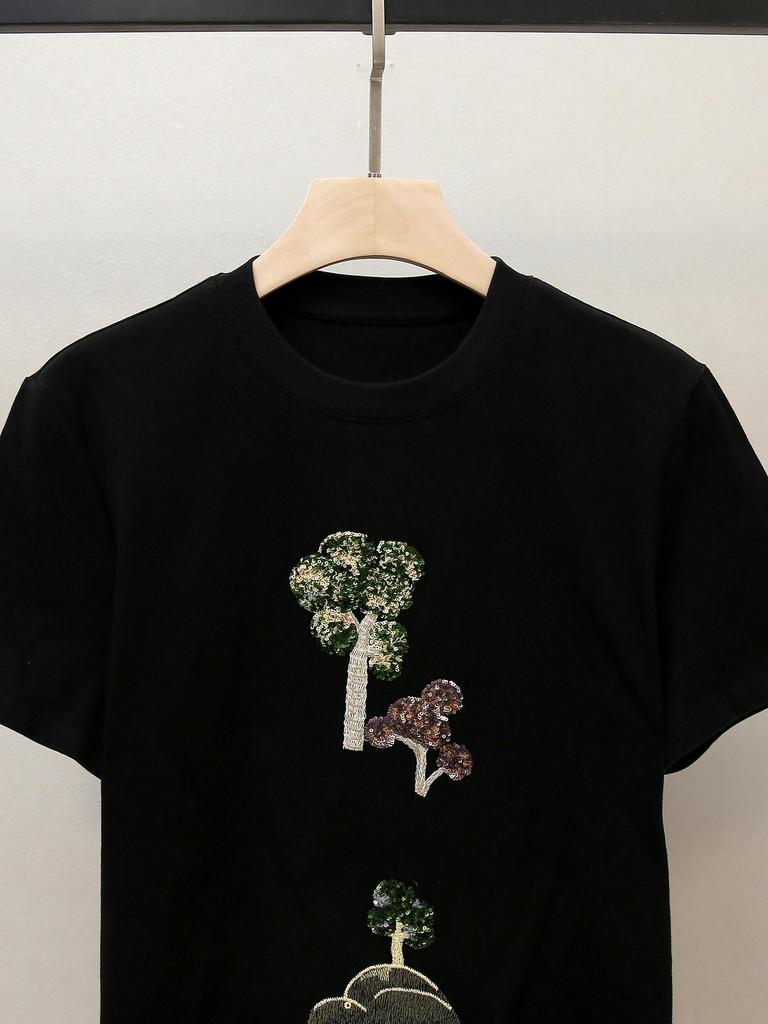 Женская осенняя футболка премиум-класса с вышивкой, с круглым вырезом и коротким рукавом