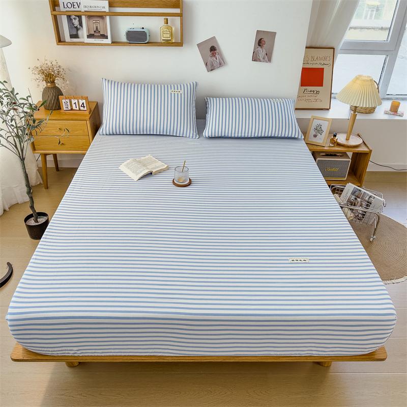 3Pcs Simple Lines Fitted Sheet Set Pure Cotton Bedding Set Soft Home Mattress Protector Cover with Pillowcases Bedroom Decor