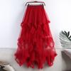 Women Cake Skirt Mid-rise Elastic Waist Irregular Hem Midi Skirt Solid Color Mesh Swing Long Skirt Daily Wear