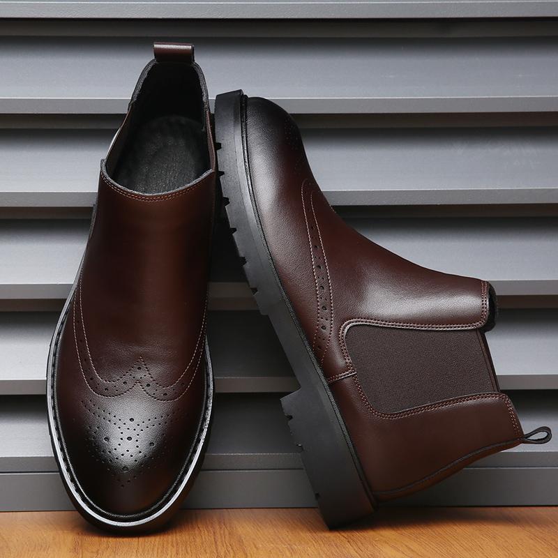 British Style Casual Leather Men's Chelsea Boots New Arrival Man Ankle Boots Comfy Elastic Strap Brogue Shoes Business Footwear