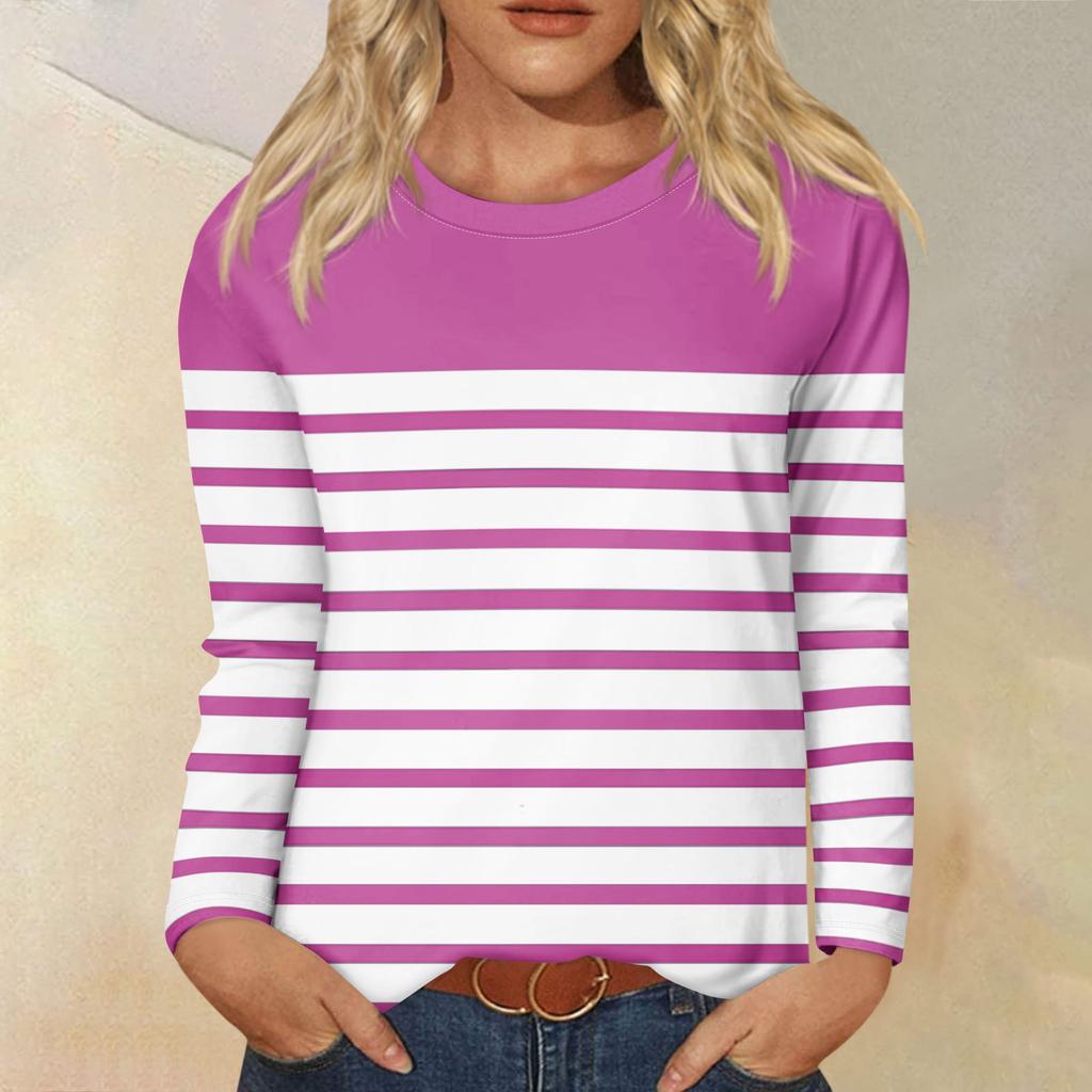 Рубашки с длинным рукавом для женщин, футболки в полоску с графическим принтом, блузки, повседневные базовые топы больших размеров, пуловеры
