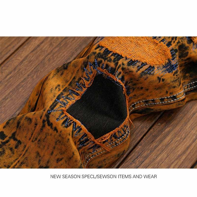 MAITA Men Retro Jeans Personality Hole Patch Slim Straight Jeans Pants for Male Plug Size 28-42