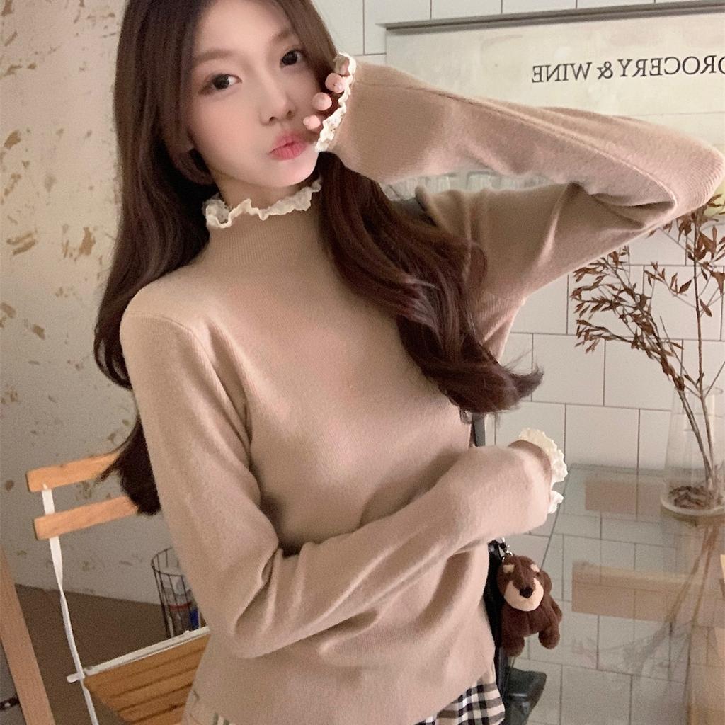 Девичий милый топ с полувысоким воротником, женская весенняя кружевная вставка, внутренняя базовая рубашка, вязаный свитер