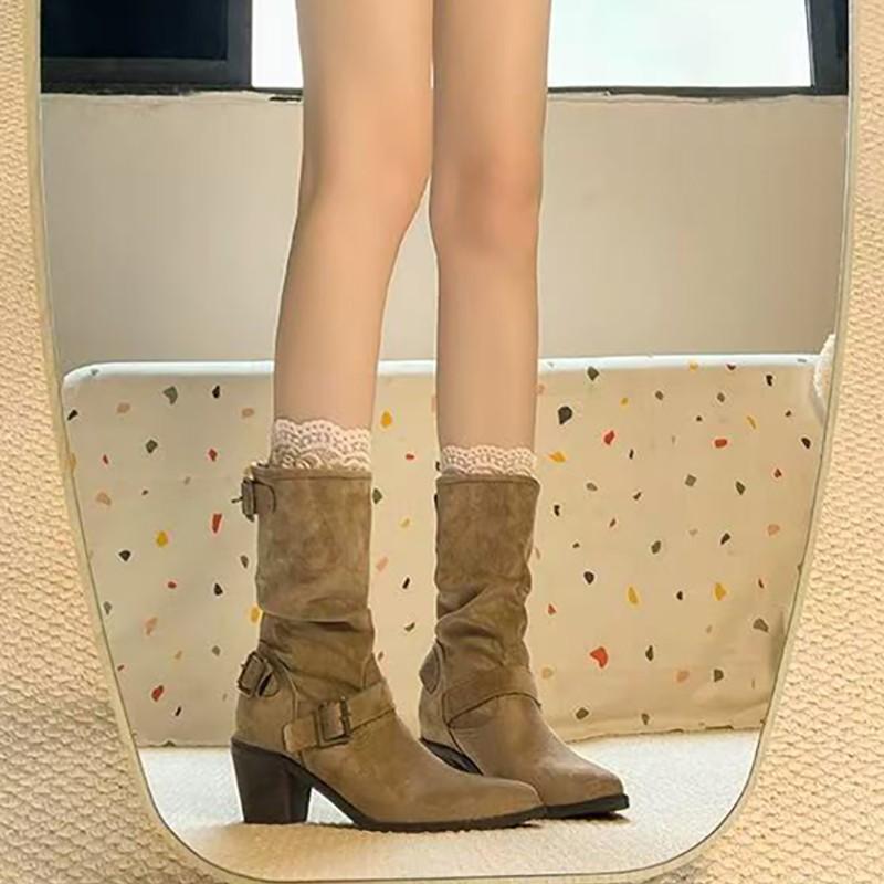 Pointed thick heel white short boots women's new British style belt buckle Martin boots temperament medium tube stack short boots
