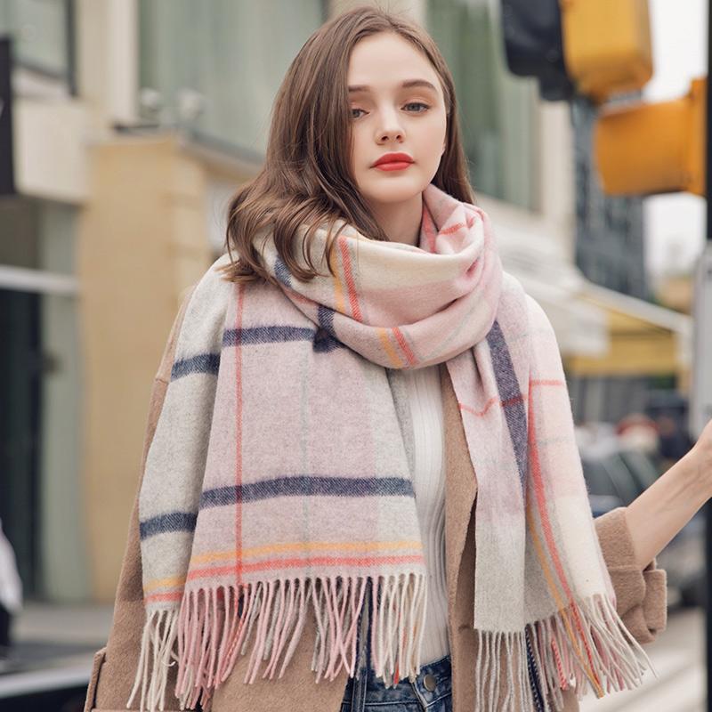 Зимний шарф из 100% овечьей шерсти для женщин, роскошные теплые шали-накидки, клетчатый пашмина, женский фуляр, клетчатые кашемировые шарфы