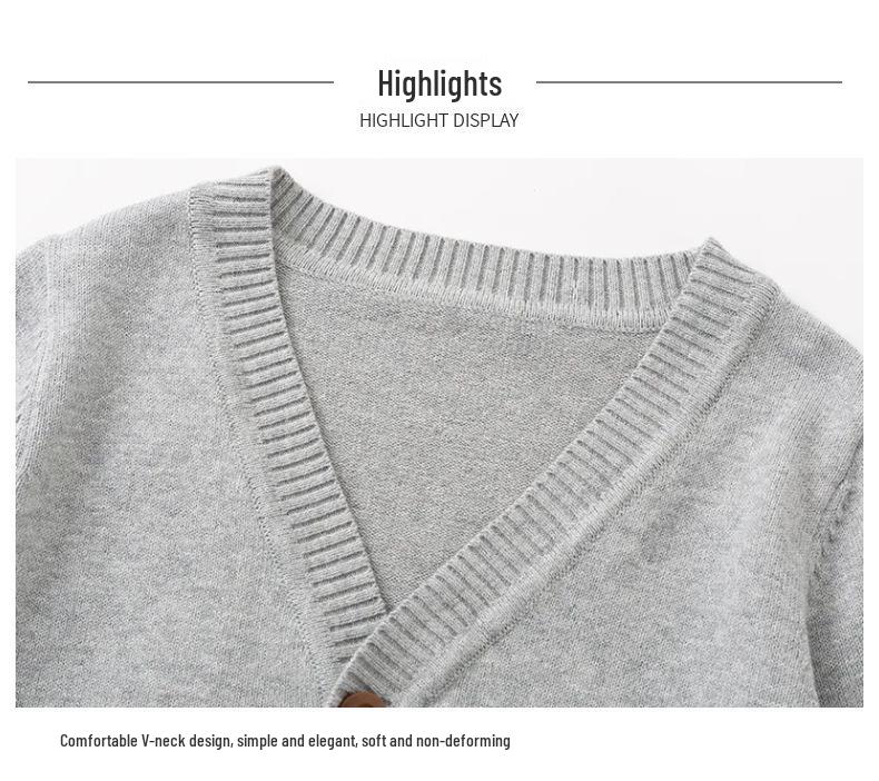 Детский вязаный кардиган с V-образным вырезом на весну и осень - Школьный стиль для мальчиков и девочек, хлопковая верхняя одежда