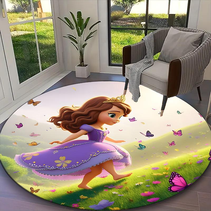 Sofia The First Butterfly Floral Pastel Rug Ideal for Reading Room, Multi-purpose Office Chair Sofa Carpet, Anti-slip Printed Home Round Rug