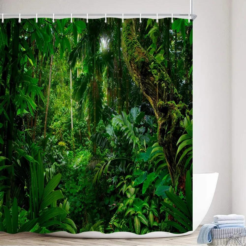 Tropical Rainforest Shower Curtains Forest Plants Rustic Nature Scenery Bath Curtain Garden Wall Hanging Bathroom Decor Hooks