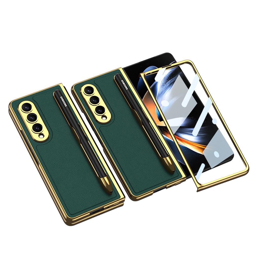 Кожаный чехол для телефона Samsung Z Fold 4 со слотом для стилуса, гальваническим покрытием и защитой камеры
