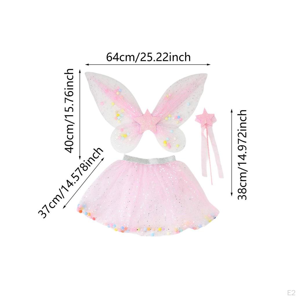 3 Pieces Fairy Wings Tutu Skirt and Stick Set for Girls Holidays Princess Cosplay