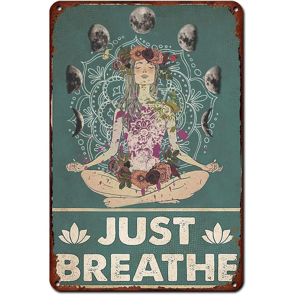Оловянная вывеска в стиле ретро для девочек-йогов, настенный декор «Просто дыши, йога», забавная вдохновляющая цитата, настенное искусство, винтажная жестяная вывеска для «Девушки-йоги» для дома