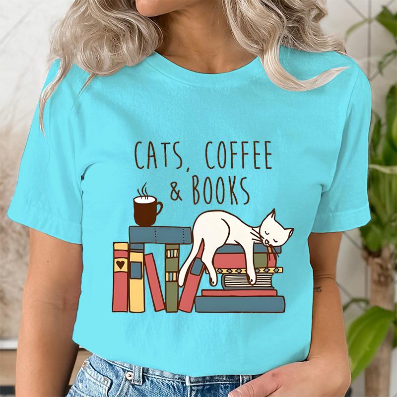 Кошки Кофе Книги Женские Милые Книголюбы Футболки Смешная Футболка для Любителя Книг Винтажные Футболки с Графикой Чтения Женские Книжные Топы Футболки
