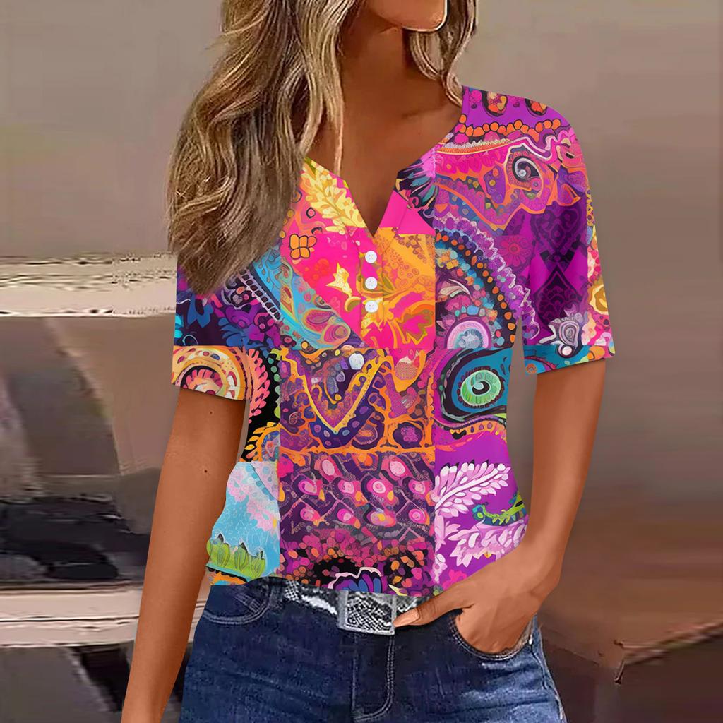Жен. Футболка С принтом Пуговицы С короткими рукавами Повседневные Выходные Мода Классический Классический V-образный вырез Обычный Топ