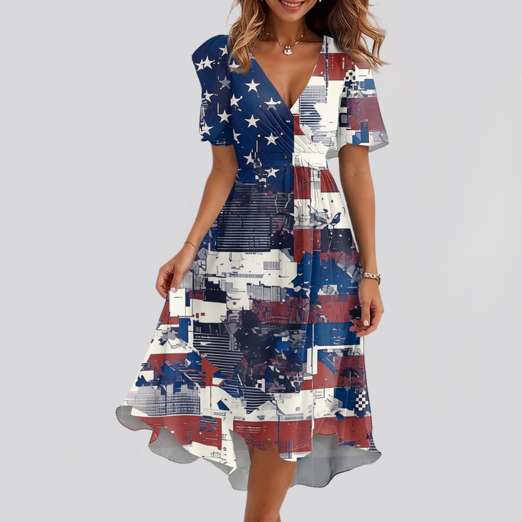 Women's Loose Casual V-Neck Flared Skirt Short Sleeved Printed Dress Printed Dress