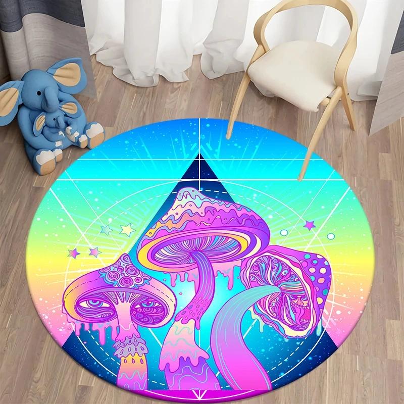 Psychedelic Mushroom Round Carpet Boho Mushrooms Area Rug for Home Living Room Children's Room Decor Non-slip Circle Floor Mat