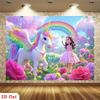 [Фон для вечеринки] 2D плоские баннеры, 1 шт. - волшебная сцена с единорогом, радуга, розовое платье, цветочное поле, яркие цветы