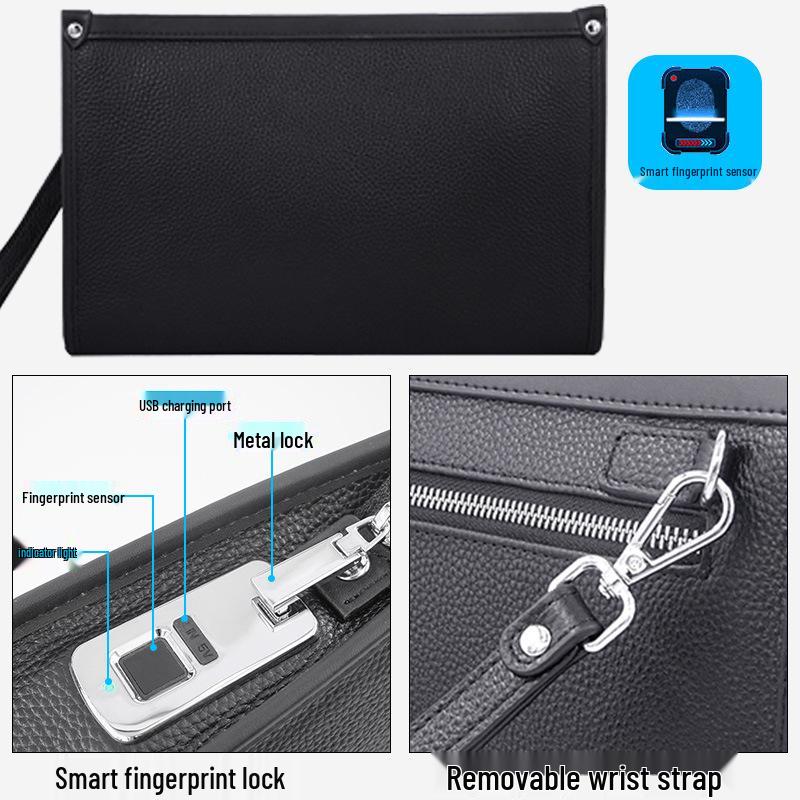 Men's Genuine Leather Anti-Theft Smart Handbag with Fingerprint Lock - Large Capacity
