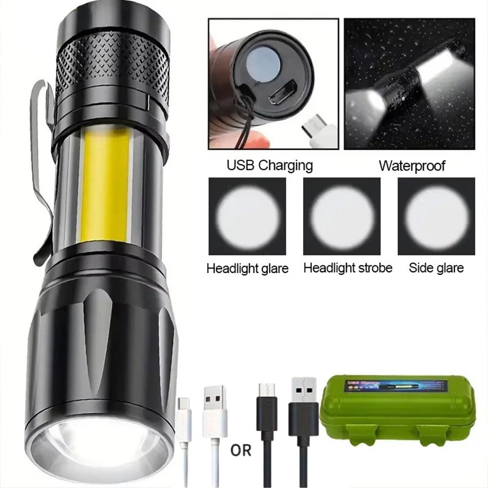 Mini Zoomable LED Flashlight with XPE and COB Side Light USB Rechargeable, Waterproof, High Power Torch for Outdoor, Camping, Emergency Use