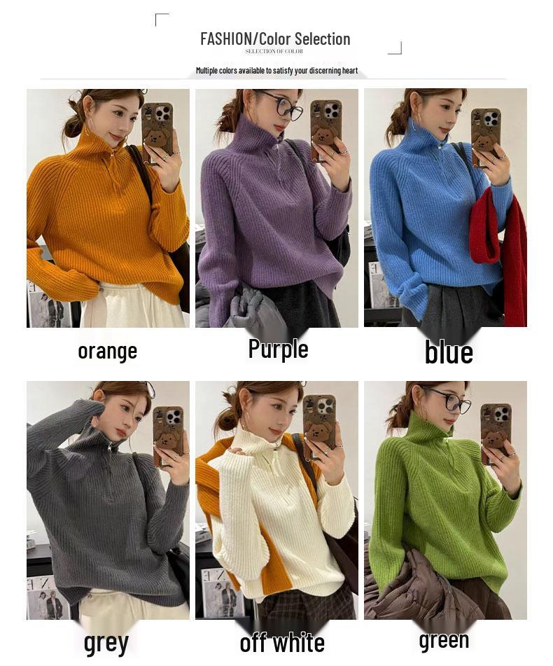 Women's High Neck Zipper Sweater - Autumn/Winter Loose Fit Korean Style Knitwear