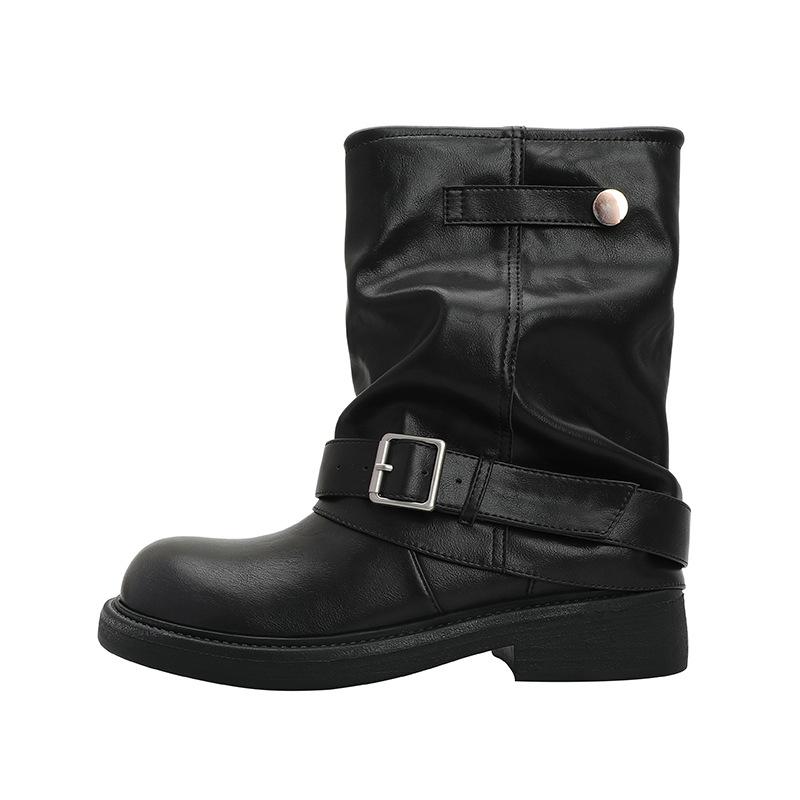 Merlad Ankle Boots Retro Platform Pleated Buckle Trouser Boots Western Cowboy Slouch Boots