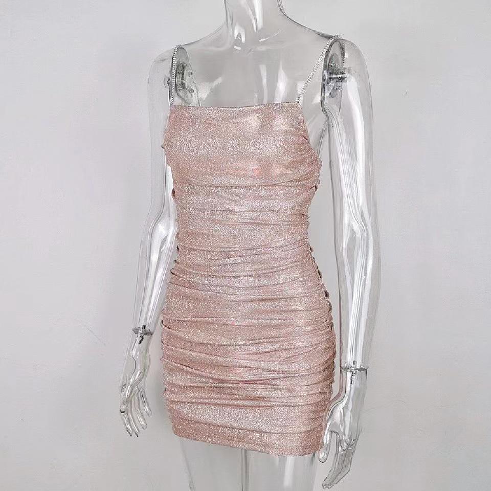 Sparkling Strapless Rhinestone Pleated Spaghetti Strap Bodycon Dress - Slim Fit & Off-Shoulder Style