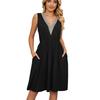 Women's Spring/Summer Fashion Solid V-Neck Lace Panel Sleeveless Pocket Waist Wrapped Dress Long Dress