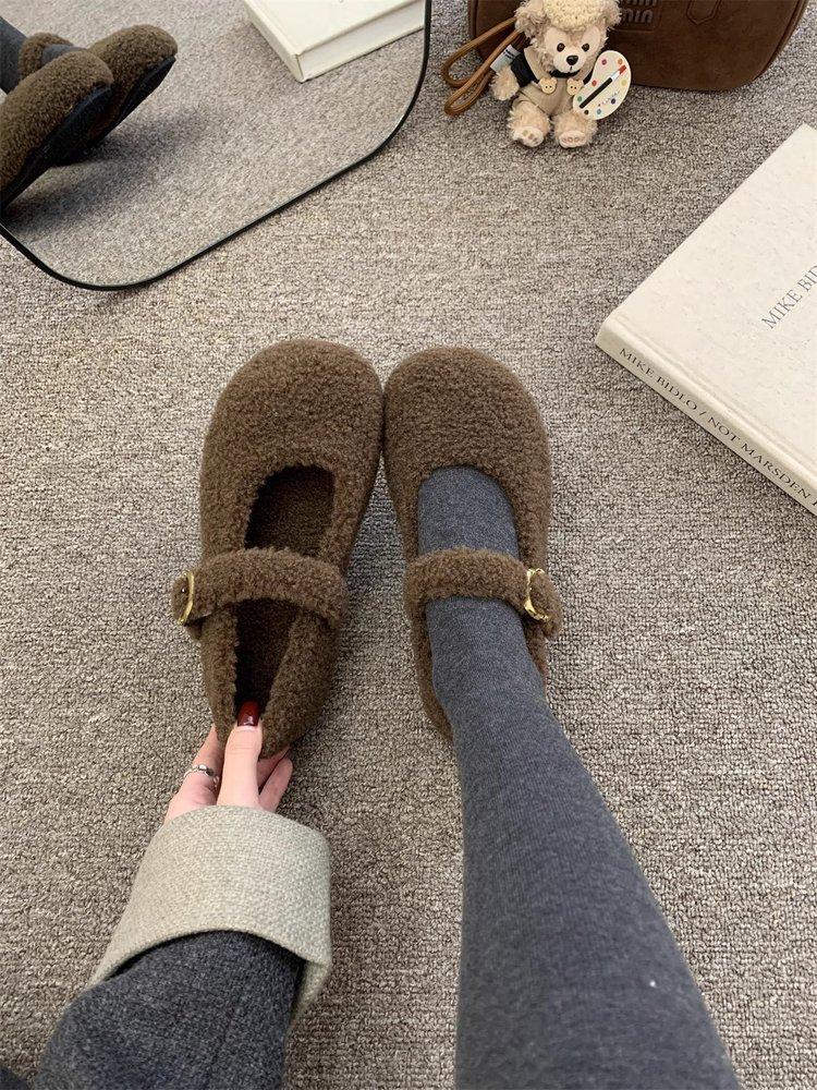 Inner Height Increase Mary Jane Wool Shoes Women's 2025 New One-pedal Lazy Shoes One-word Buckle with Lamb Wool Single Shoes