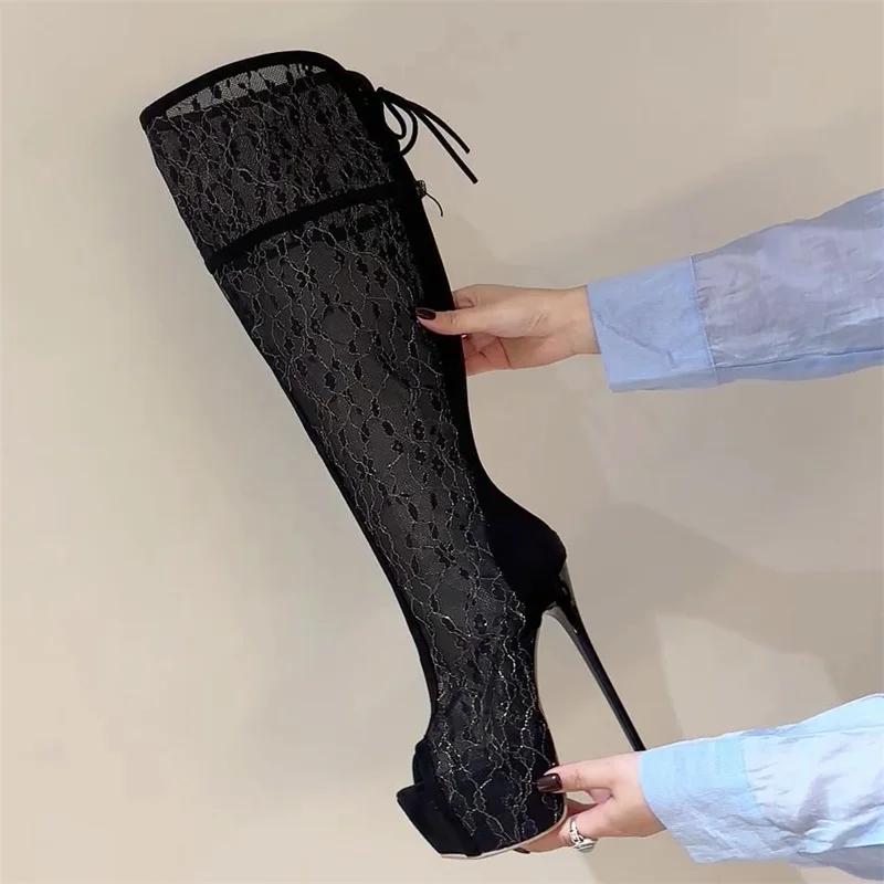 Eilyken Sexy Peep Toe Breathable Mesh Knee-High Boots Women Platform Ladies Shoes Elegant Stiletto Heels Sandals Booties