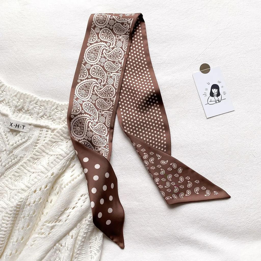 Модный принт шарф с лентой для волос, женский шейный галстук, сумка, шарфы, атласные шелковые узкие платки, женские платки с цветочными полосами, новинка 2022 года