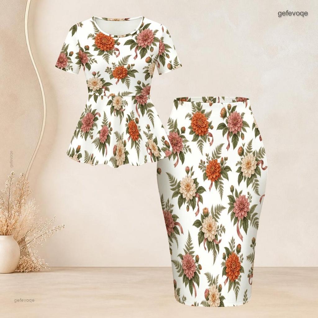Женский комплект: Топ с круглым вырезом, коротким рукавом, цветочным принтом и баской, и юбка-карандаш, больших размеров